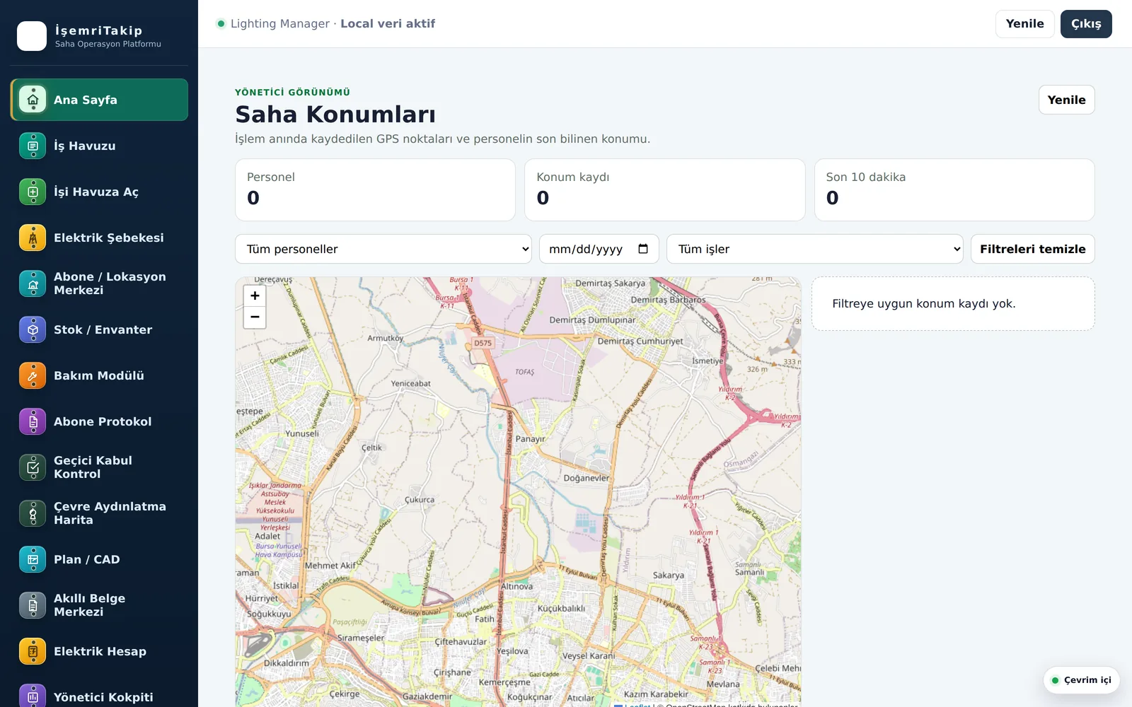 Saha konumları GPS takip ekranı