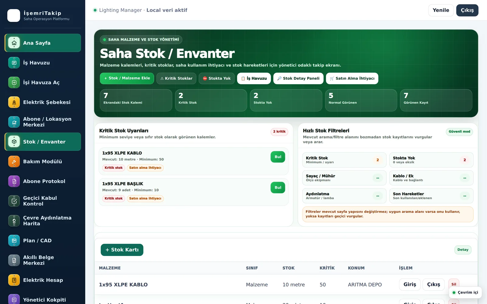 Stok ve envanter yönetimi ekranı