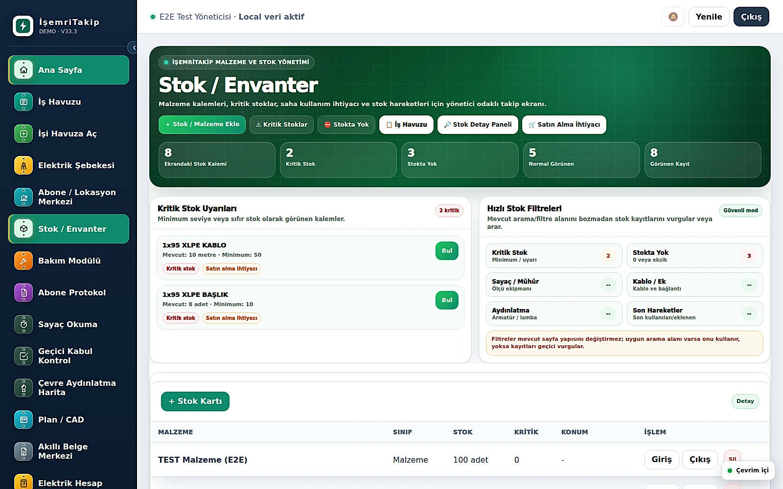 Malzeme kartları ve stok hareketlerinin listelendiği envanter ekranı